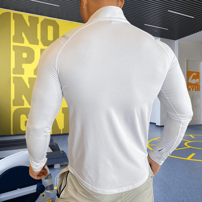 Elastic stylish sports men's top in white, long sleeves with zipper, perfect for gym and workouts, microfiber material